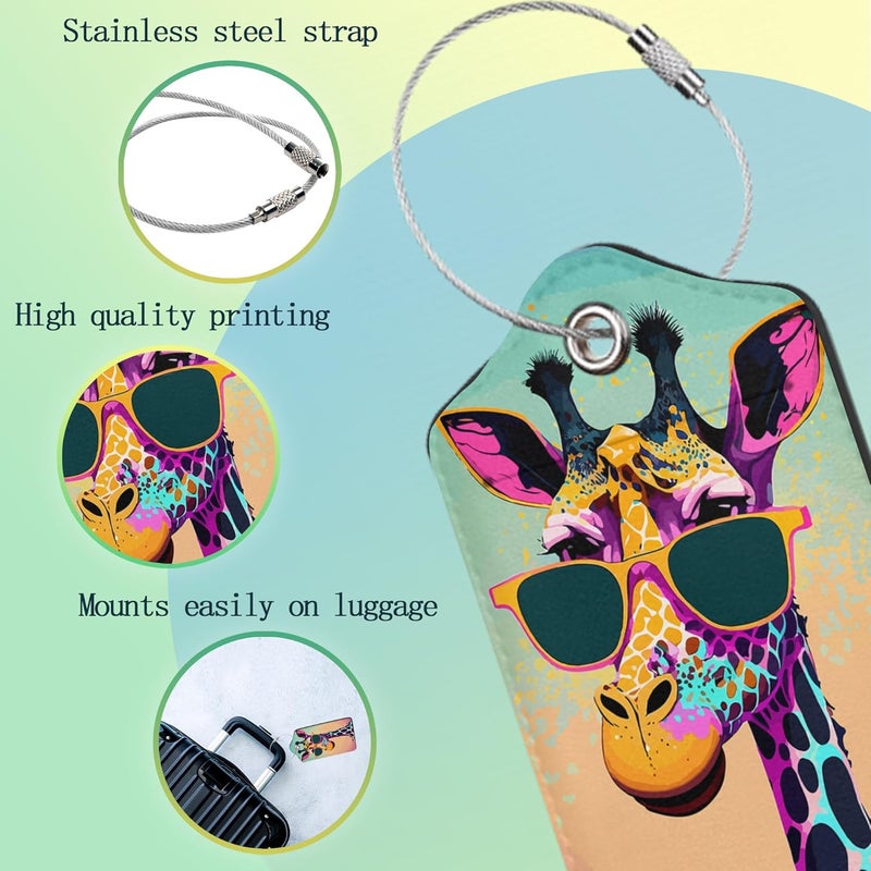SKYDAWNY Luggage Tags for Suitcase,2 Pack Funny Giraffe Sunglasses Luggage Tag PU Leather Privacy Cover ID Label with Stainless Steel Loop for Women Men Teens Travel - Image 4